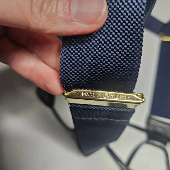 Vintage Navy Blue Suspenders Y-Back Button Ends Made in England Gold Hardware - Picture 3 of 6